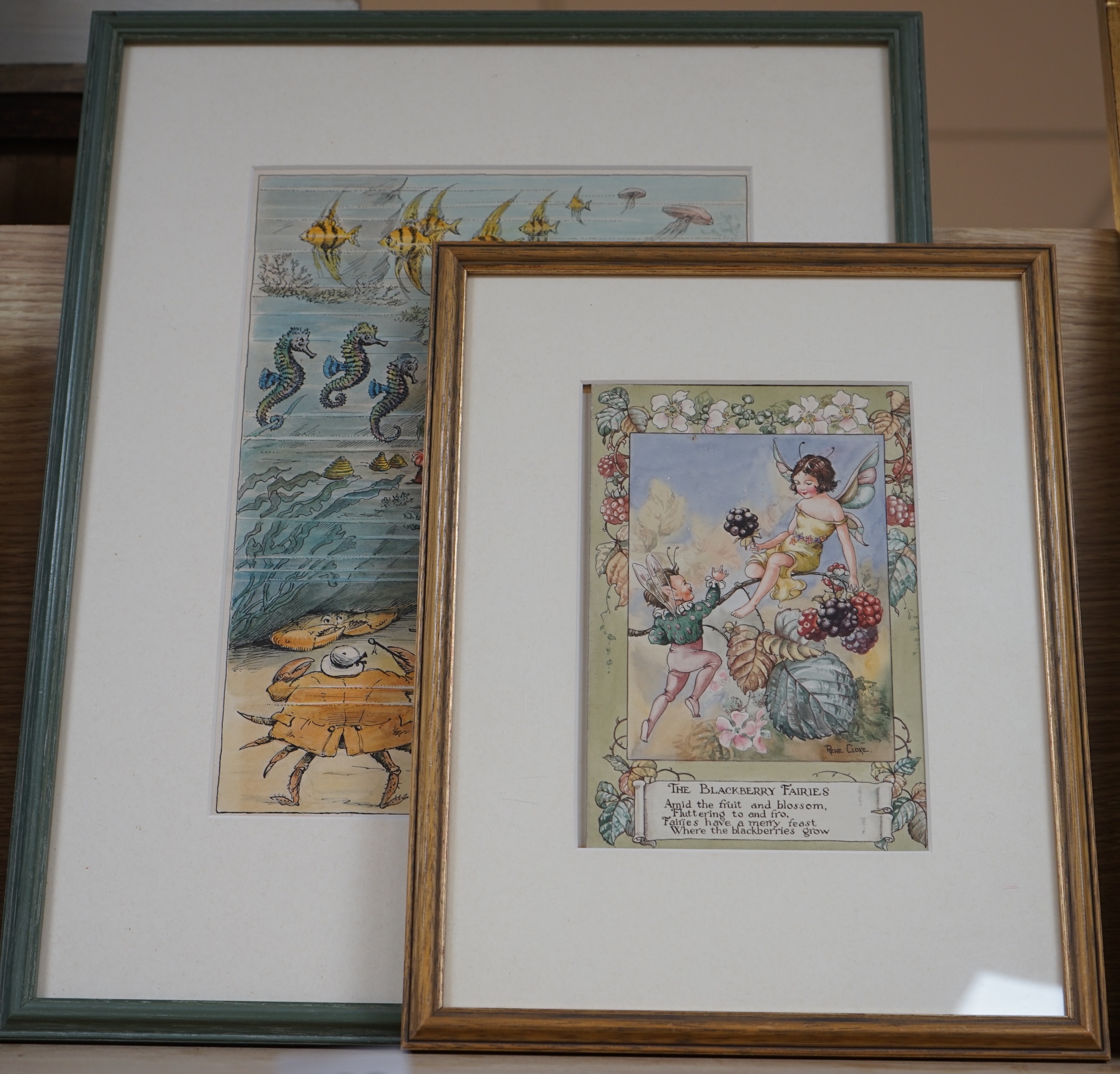 Two original watercolour illustrations, comprising Rene Cloke (1904-1995), ‘The Blackberry Faries’, signed, with verse, and Harry B. Neilson (1861-1941), ‘Brandylegs and the Lobsters’, signed, largest, 27 x 21cm. Conditi